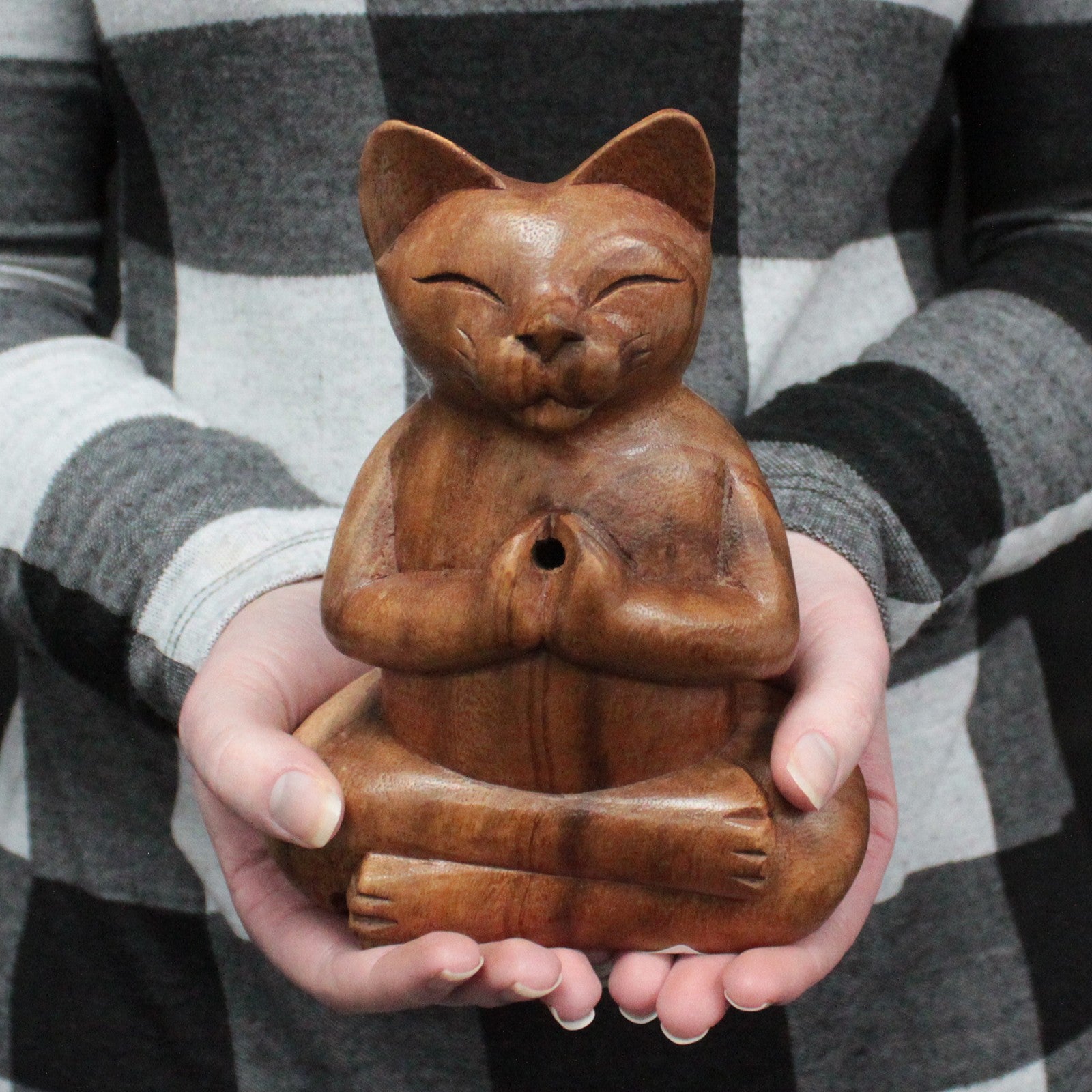 Wooden Hand-Carved Yoga Cat Incense Burner